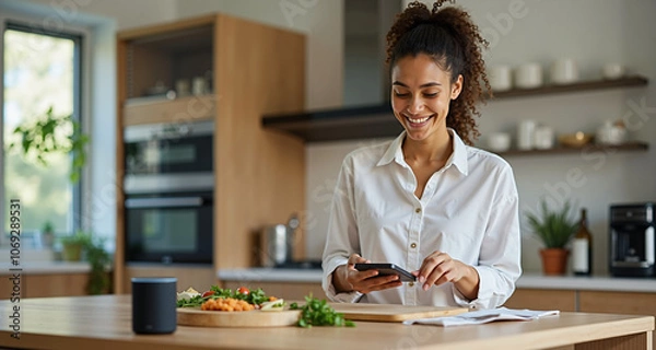 Obraz Young adult using a smart speaker in the kitchen while cooking, highlighting convenience and utility of AI-powered devices.