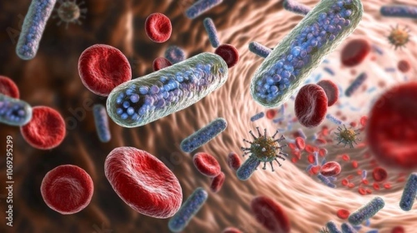 Fototapeta A conceptual bloodstream illustration featuring red blood cells and bacteria, exploring the complex interaction within the circulatory system, full of color and detail.