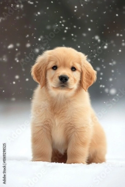 Fototapeta Adorable golden retriever puppy in snowy winter wonderland