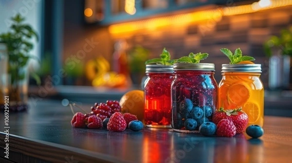 Fototapeta Refreshing Summer Drinks with Berries and Mint