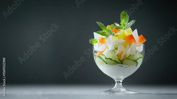 Fototapeta   A crystal vase holding cucumber, carrot, celery, and mint sits atop the table