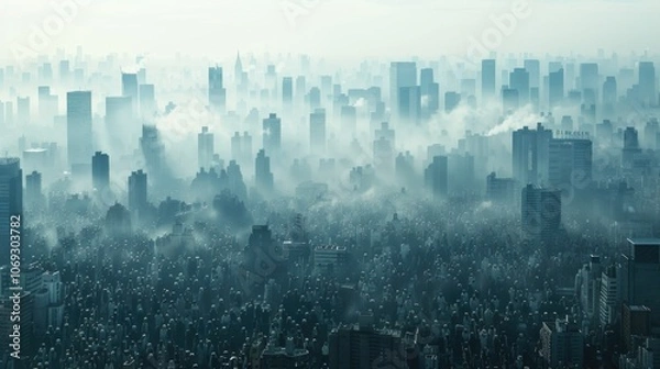 Fototapeta Bustling cityscape with dense skyline in misty atmosphere