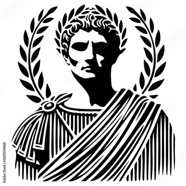 Fototapeta Julius Caesar
 A detailed vector silhouette of Julius Caesar adorned with a laurel wreath, exuding a sense of authority and historical significance.