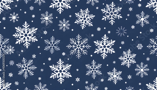 Fototapeta Christmas seamless vector pattern with snowflakes, winter background, flat papercut style