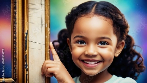 Obraz "Cheerful Young Girl Pointing with a Big Smile in a Vibrant Dreamy Scene"