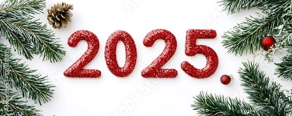 Fototapeta Festive 2025 decoration with red glitter numbers and evergreen foliage against a white background.
