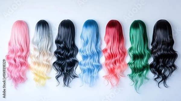 Fototapeta Back view of various colorful long wigs for women in black green blue and red isolated on white