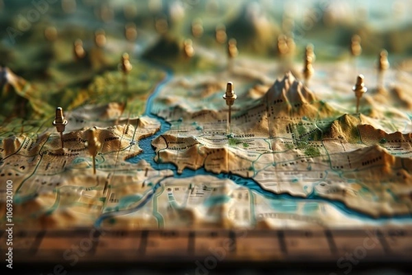 Fototapeta Detailed Topographic Map with Pins Highlighting Locations