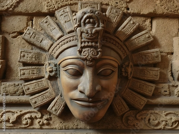 Fototapeta Ancient Mayan-style stone mask with intricate carvings, showcasing cultural artistry and historical significance.
