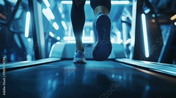 Fototapeta Closeup of a runners feet on a treadmill with a futuristic gym atmosphere highlighted by neon lights