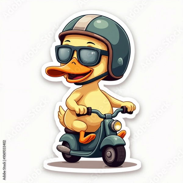 Obraz funny caricature of a duck with a helmet on a tiny motorcycle, a generative AI

