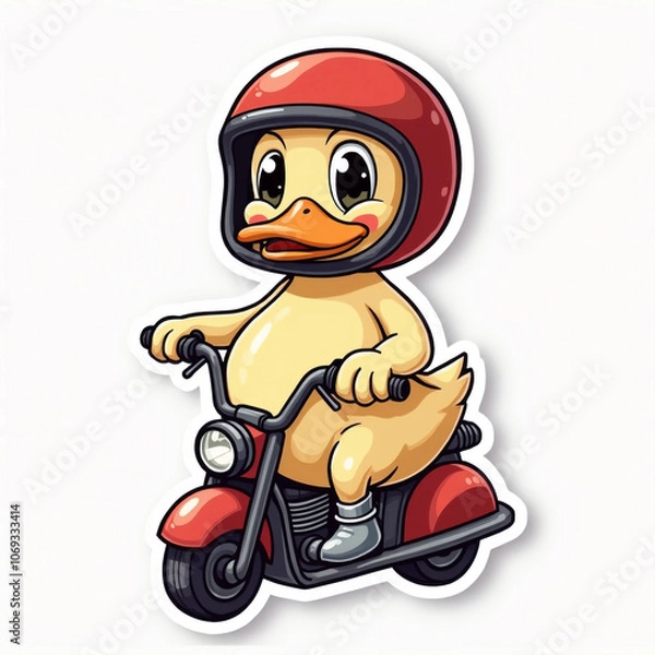 Obraz funny caricature of a duck with a helmet on a tiny motorcycle, a generative AI
