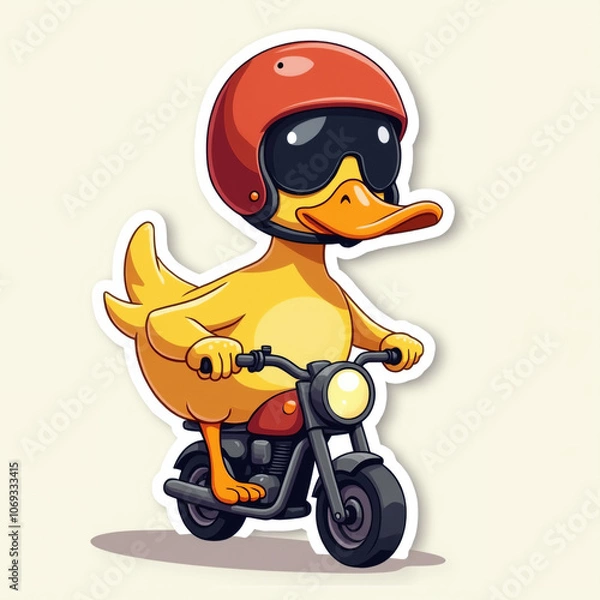 Obraz funny caricature of a duck with a helmet on a tiny motorcycle, a generative AI
