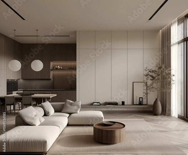 Fototapeta Aesthetic elegant minimalist modern interior design. Clear mock up empty wall for decoration in the apartment. Copy space in the room. Neutral palette of natural colors.