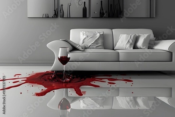 Fototapeta A Dramatic Scene of Spilled Wine in a Modern Living Room