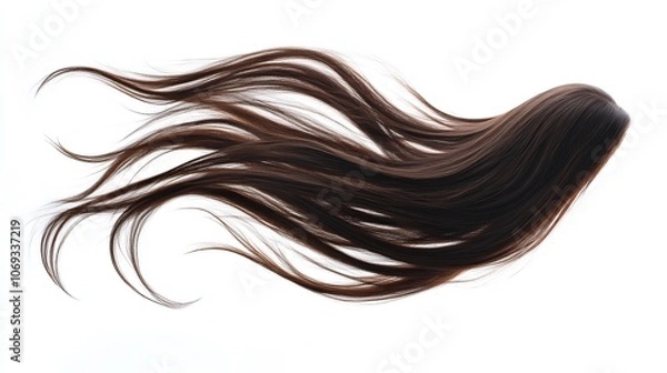 Fototapeta Long straight wig hairstyle in midair creating a floating effect Straight brown wig hair appears blown by wind isolated on a white background in highspeed freeze motion