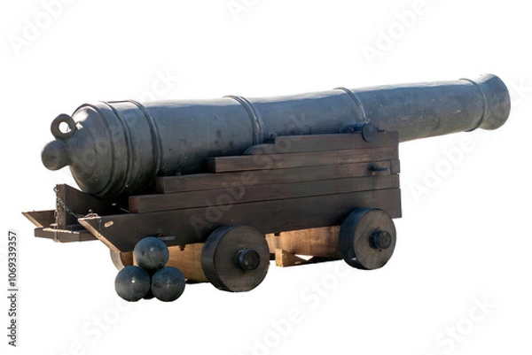 Fototapeta Photo of an old artillery cannon, the 32-pounder Blomefield, widely used in 16th century fortifications, isolated on a transparent background