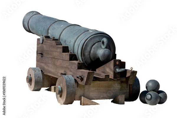 Fototapeta Photo of an old artillery cannon, the 32-pounder Blomefield, widely used in 16th century fortifications, isolated on a transparent background