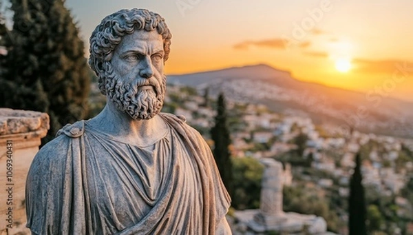 Fototapeta Ancient Greek philosopher statue at sunset with scenic background