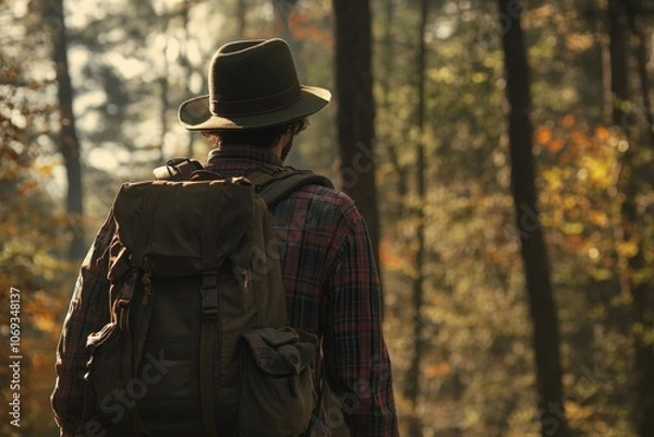 Fototapeta A person hiking in the forest, wearing a hat and carrying a backpack