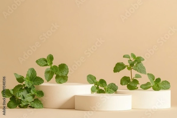 Fototapeta A set of podiums in white color against beige background with few fish mint leaves. Fish mint (Houttuynia cordata) with generative ai