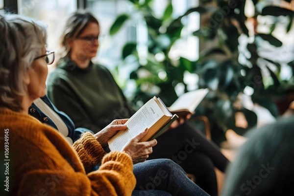 Fototapeta Participants relax with books in a bright, plant-filled room during a peaceful reading session