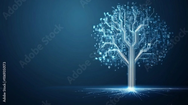 Fototapeta Technology tree icon on a blue background showcasing digital growth and tech innovation concepts