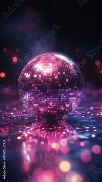 Fototapeta A sparkling disco ball reflects vibrant lights in a whimsical dance environment at night