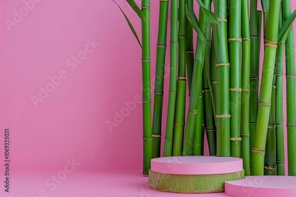 Fototapeta Bamboo stems and podiums on pink background  with generative ai