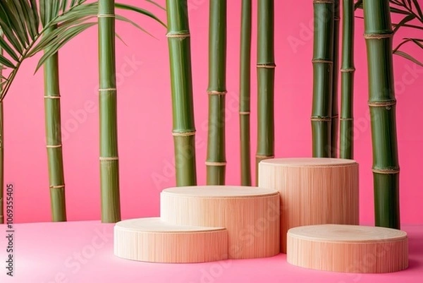 Fototapeta Bamboo stems and podiums on pink background  with generative ai