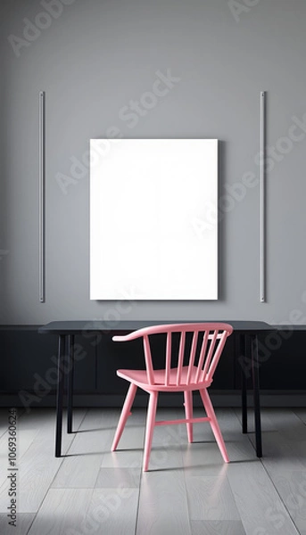 Fototapeta Pink wooden chair at black table in grey living room interior with mockup of empty poster isolated with white highlights, png