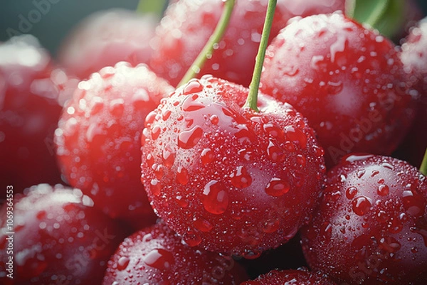 Fototapeta A cherry isolated from the background highlights its bright red skin and glossy appearance. Concept of fruit isolated from background.