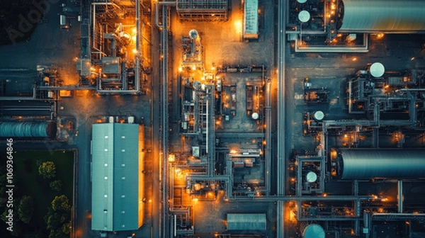 Fototapeta Aerial view of a complex industrial site featuring illuminated pipelines, storage tanks, and structures, showcasing the intricacies of a functioning manufacturing facility.