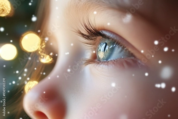 Obraz a close-up of a childs face as they gaze in wonder at a beautifully decorated christmas tree, with individual snowflakes falling on their eyelashes .AI Generation