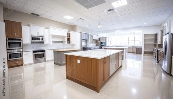 Obraz Spacious modern kitchen showroom featuring various cabinetry styles and appliances