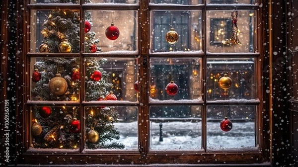 Fototapeta Christmas decorations and lights in a cozy storefront window. Christmas Shopping. AI generated image