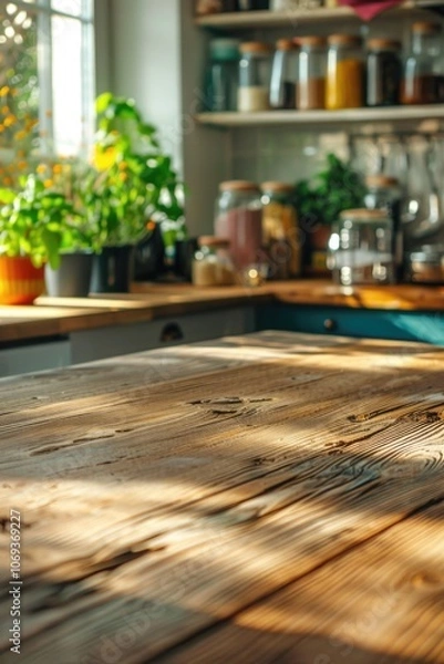 Fototapeta A wooden table in a kitchen with a view from the window, suitable for everyday use or as a decorative piece