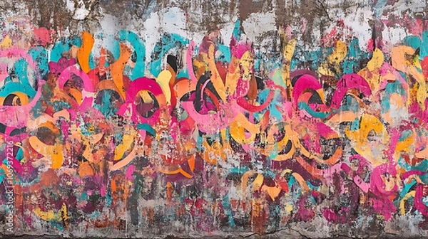 Fototapeta A vibrant, seamless pattern of colorful graffiti art layered on a weathered concrete wall, showcasing urban street art