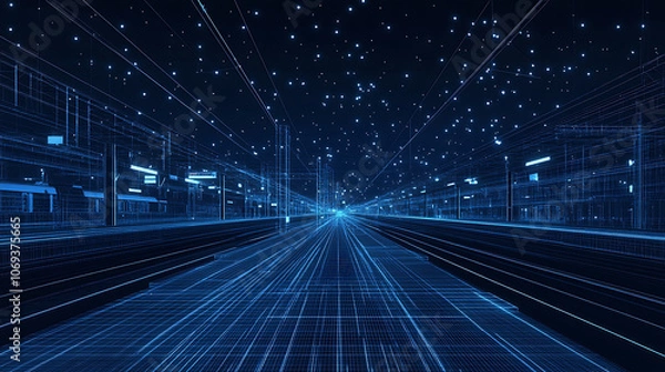 Fototapeta Abstract polygonal 3d wireframe of modern train at railway station or metro, Digital vector mesh looks like starry sky, Rapid transit system, transportation, railway logistics concept in dark blue