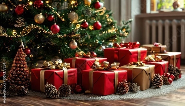 Fototapeta Gift boxes with ribbons under the Christmas tree - beautiful packaging in red and gold colors, cones and garland lying around. 