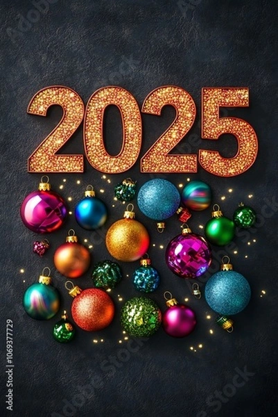 Obraz Stylish 3D text "2025" showcased with an array colorful Christmas ornaments.