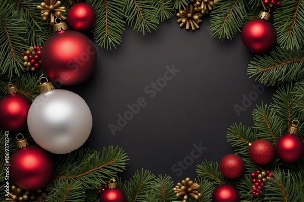 Fototapeta a black christmas background with red ,white ornaments  and  pine branches