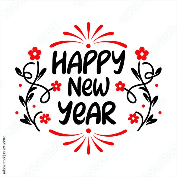 Fototapeta "Happy New Year" lettering with some elements, flowers and fireworks