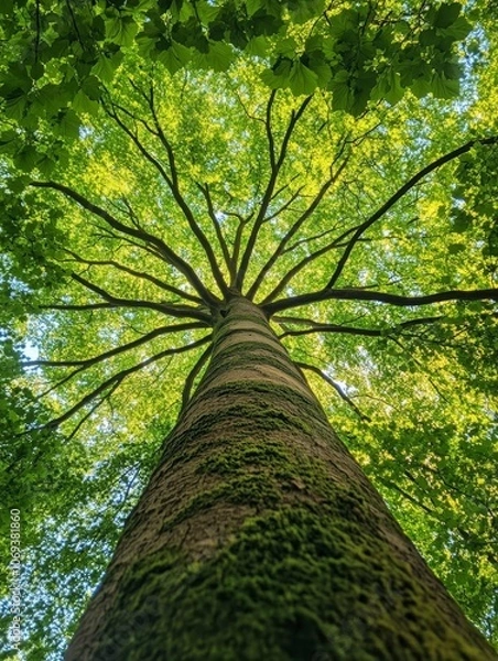 Fototapeta Tree with lush green leaves viewed from ground level in forest