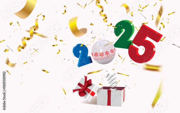 Fototapeta Happy New Year,surprising box with a 2025 numbers and decorations and golden defocused confetti jumping out like a jack in the box