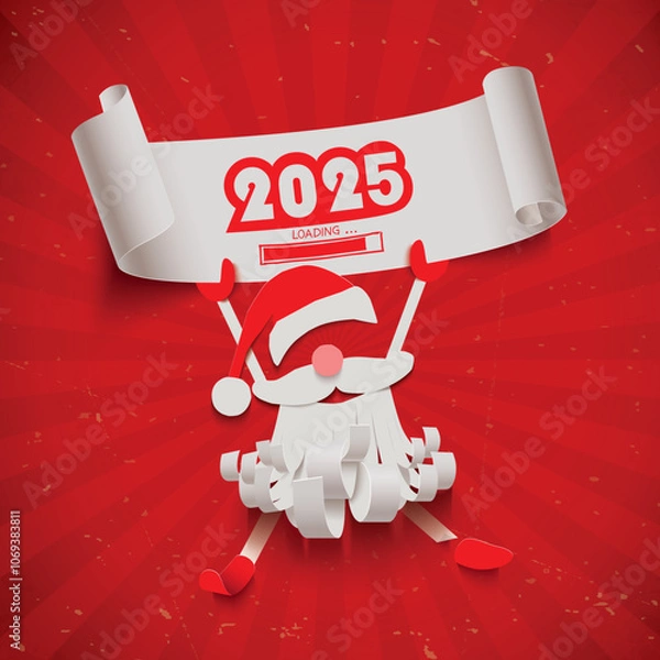 Fototapeta White paper cut Santa Claus with loading year 2025 isolated on a red retro background,Happy New Year greeting card vector illustration