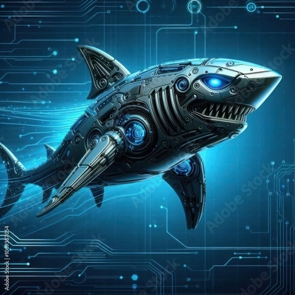 Fototapeta A mechanical shark in the cyberpunk style against the background of the scheme.