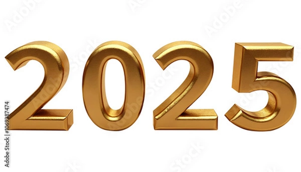 Fototapeta 2025 text 3d with golden material - golden 3d render. isolated on white transparent png.