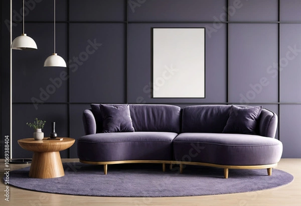 Fototapeta Stylish curved modern sofa in a minimalist living room setting with chic wooden side tables and soft rug with frame mockup on the wall. Purple color, luxury