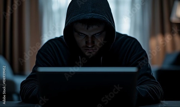 Obraz Hacker behind multiple fake bank accounts on a laptop screen, anonymous and untraceable, mule accounts, identity theft and fraud concept